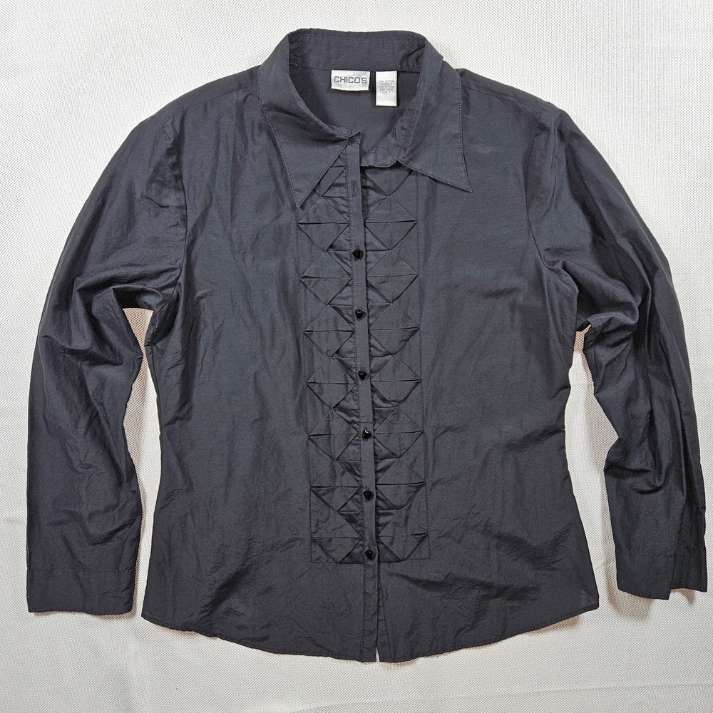 Chicos Womens Black Long Sleeve Button Up Shirt Pleated Size 1 Silk Cotton